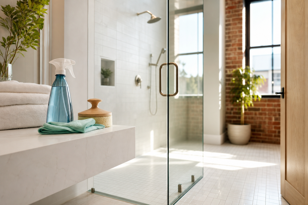 Bright, spotless Bucktown bathroom after a professional maid service visit with Express Clean, featuring streak-free glass, white towels and eco-friendly cleaning