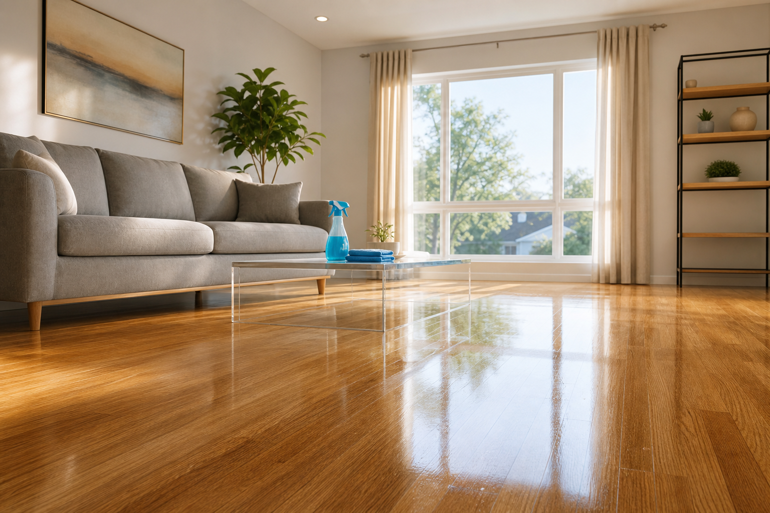 Cleaner polishing a modern apartment kitchen