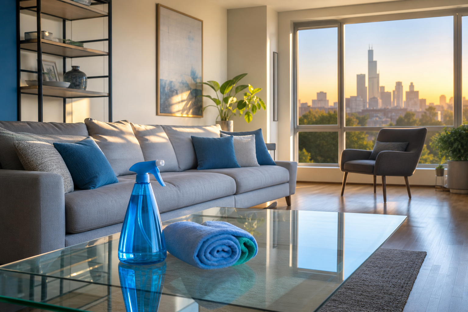 Clean modern apartment living room with gray sofa, hardwood floors, and Chicago skyline view through window