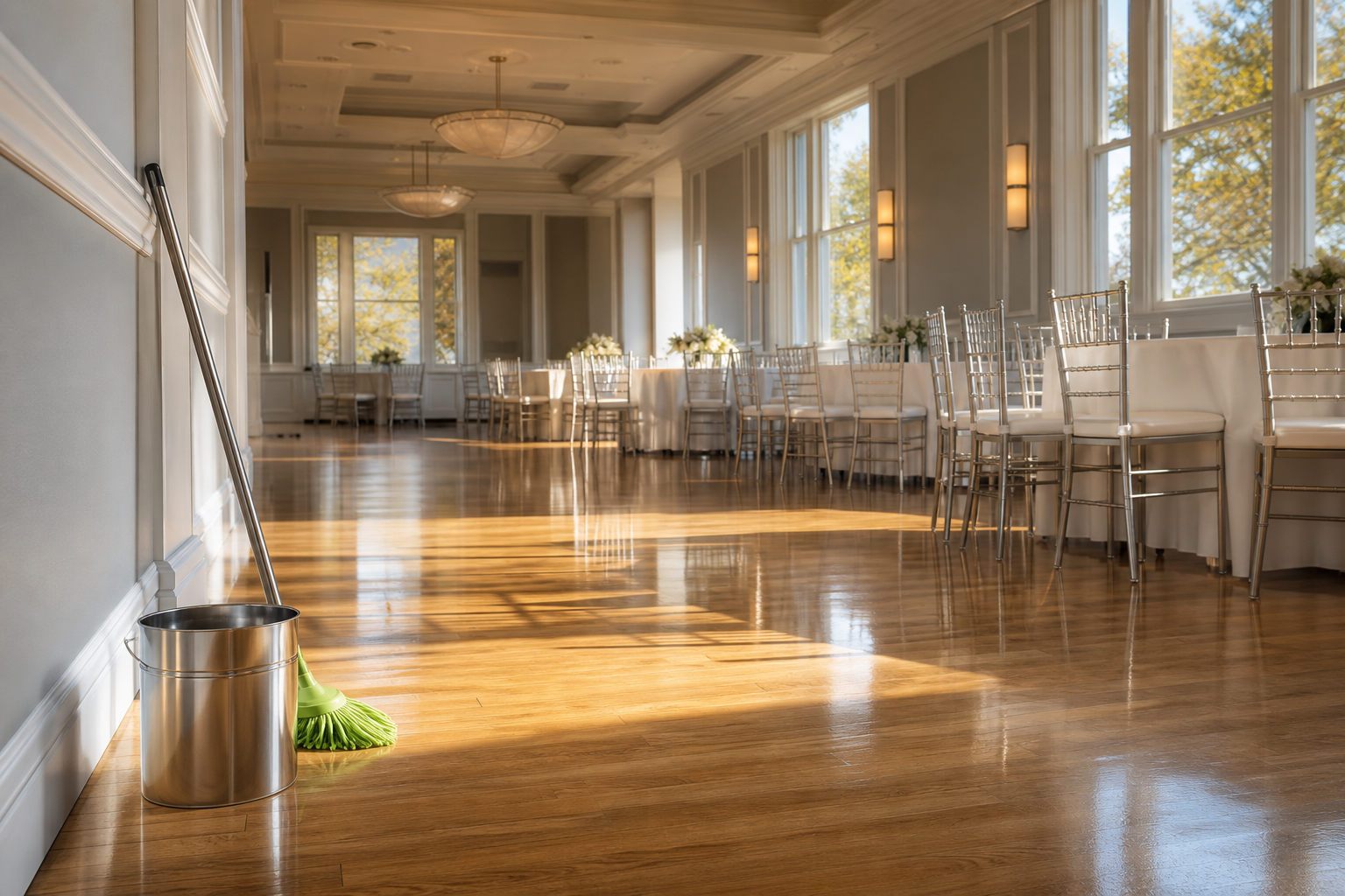 Shiny hardwood floor and aligned chairs in an empty banquet hall after professional event cleaning in Oak Park