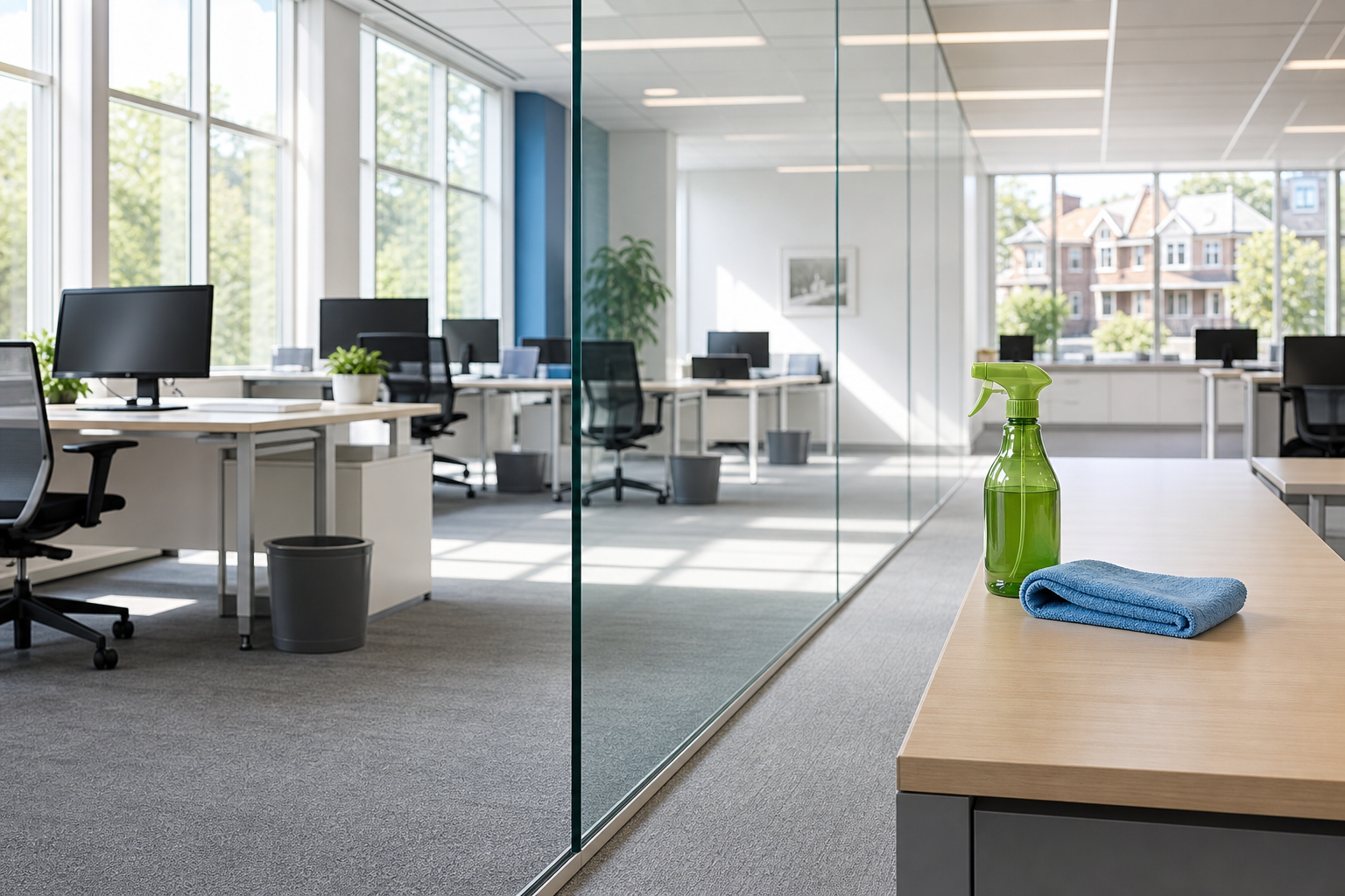 Spotless modern office with clean desks, organized computers, and eco-friendly cleaning supplies in Oak Park, IL