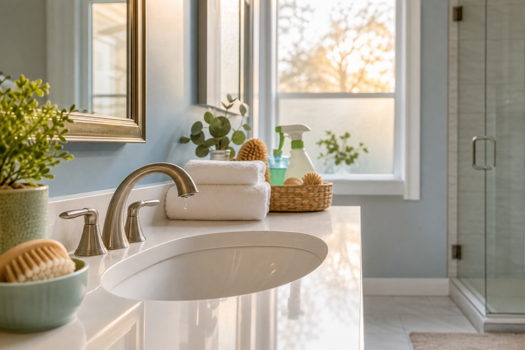 Bright clean bathroom sink with fresh folded white towels and eco-friendly cleaning supplies after a maid service visit in Morton Grove, IL
